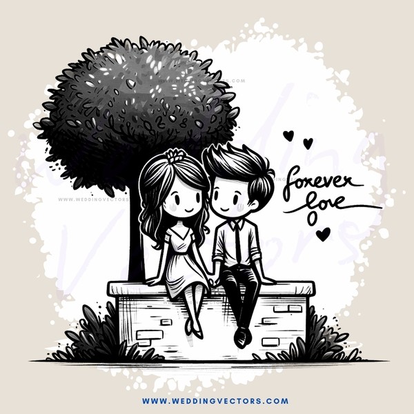 couple sitting on a bench in front of tree and reading "forever love"