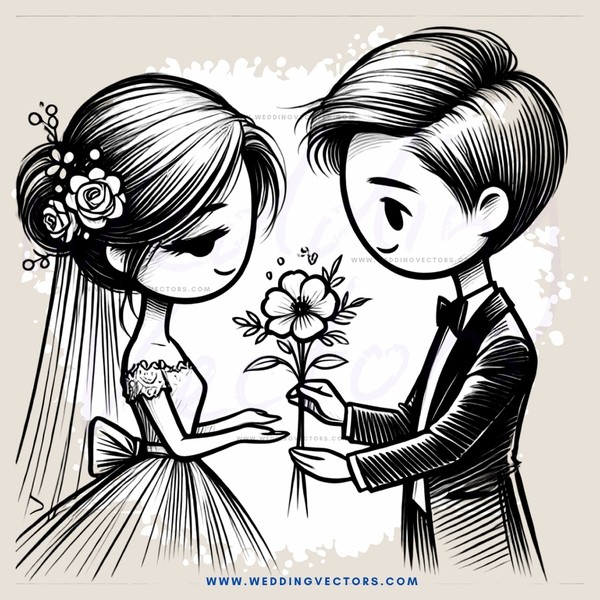 couple in wedding attire exchanging flowers
