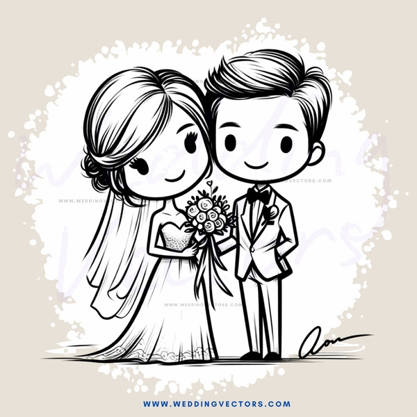 wedding bride and groom in black and white cartoon drawing