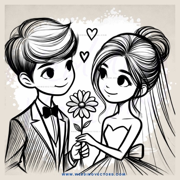 a couple holding flowers and looking upwards at hearts