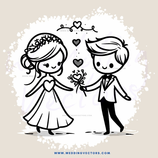 a bride and groom hold hands and hearts