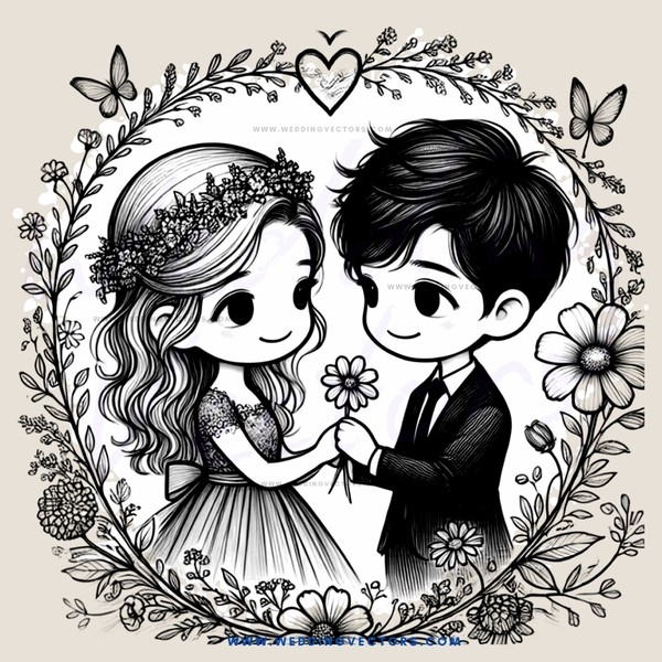 a boy and girl holding flowers in an oval shape