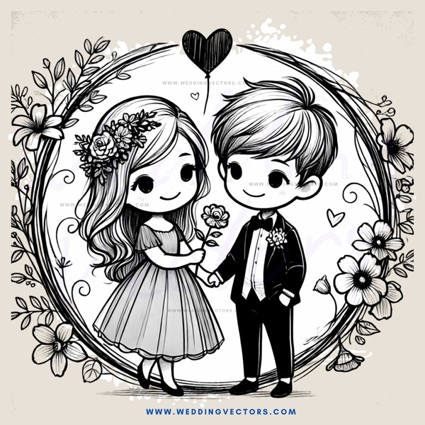 a couple in an oval frame with flowers and hearts