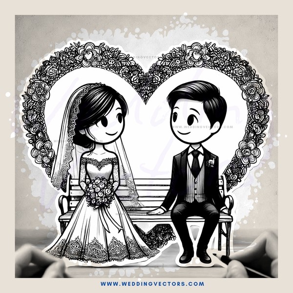 a heart shaped picture of a man and woman sitting on a bench
