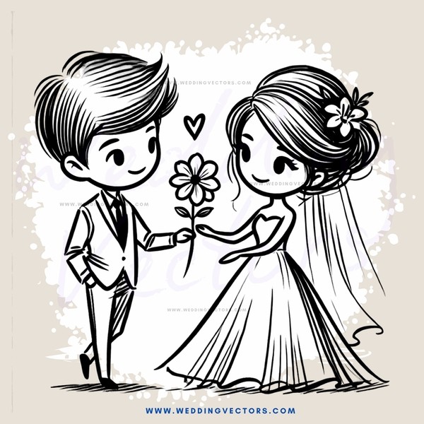a bride and groom holding a flower