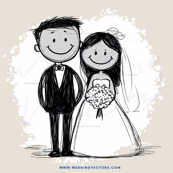 a bride and groom standing together with their smiles and happiness