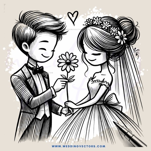 a couple holding flowers and looking at each other