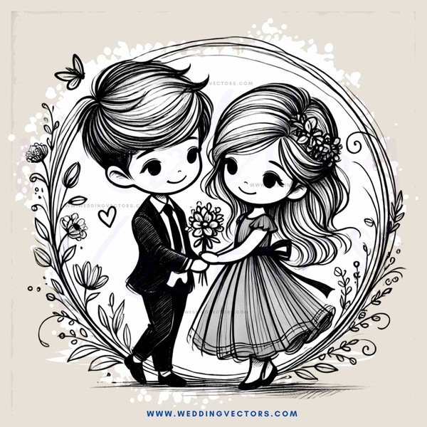 a couple in a circle with flowers and leaves