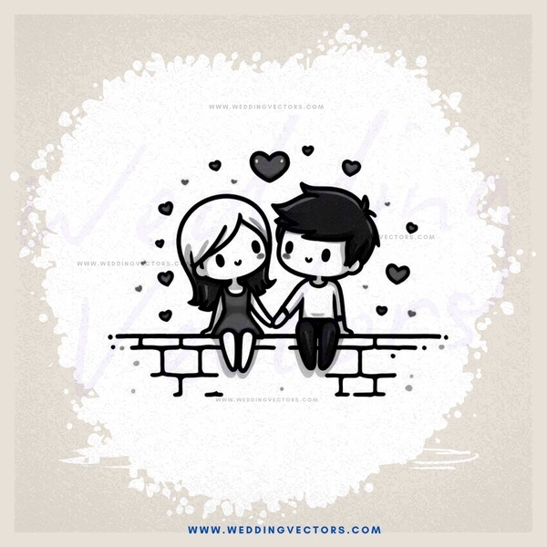 two people sitting on a brick wall with hearts in the background