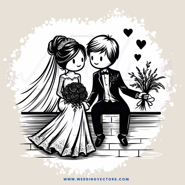 wedding couple sitting on stone brick wall with bouquet and flowers in their hands
