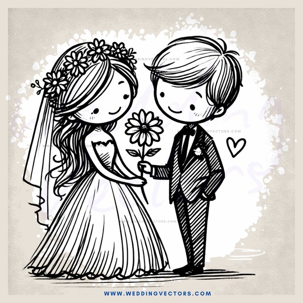 a wedding cartoon with flowers and frog kissing the bride & groom