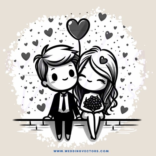a couple sitting on a bench with hearts around them