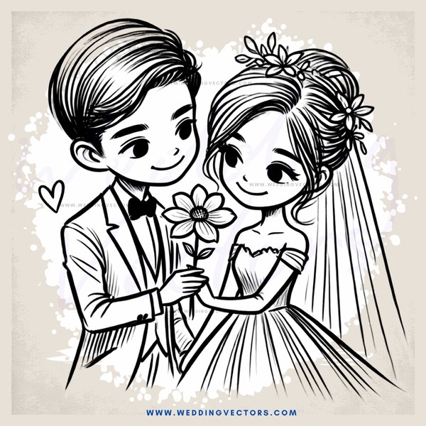 a bride and groom in an illustrated picture