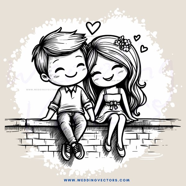 a couple sitting on a brick wall with hearts
