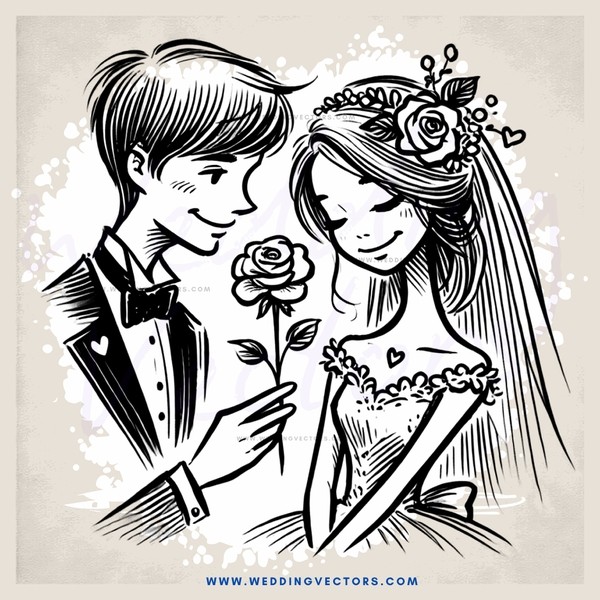 groom and bride in black & white drawing