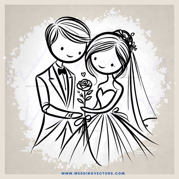 bride and groom in black and white sketch