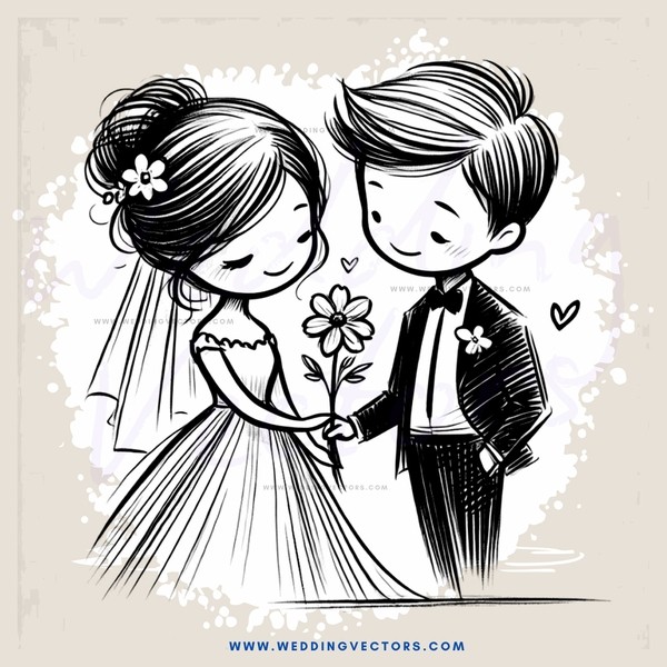 a bride and groom holding flowers
