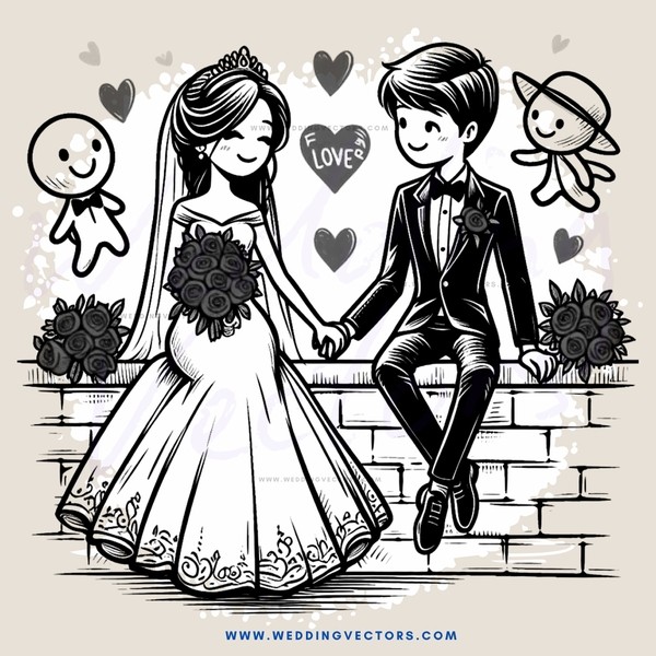 a couple in black and white cartoon sitting on a brick wall