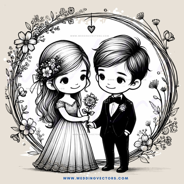 a boy and girl standing under an arch with flowers