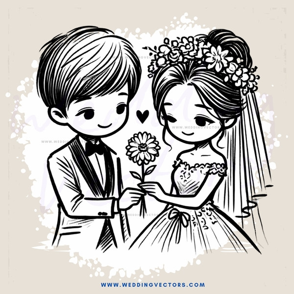 a bride and groom holding flowers