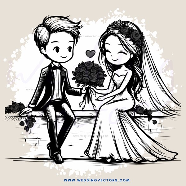 a newlywed couple sitting on a brick wall