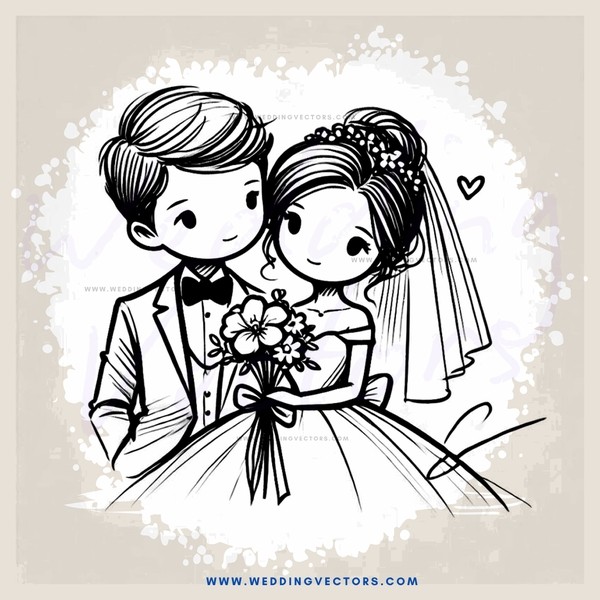 a bride and groom with flowers in hand
