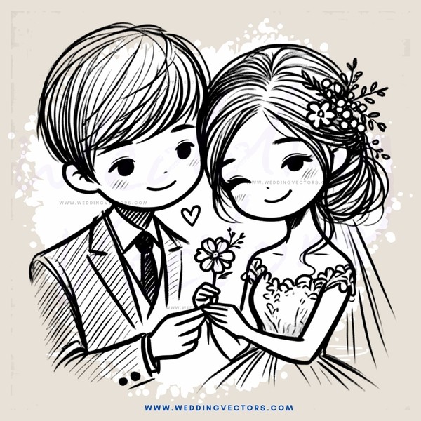 a couple in black and white wedding dresses holding flowers
