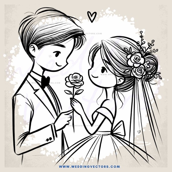 a cartoon representation of marriage proposal and wedding