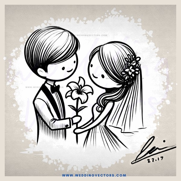 a bride and groom hold hands with a flower