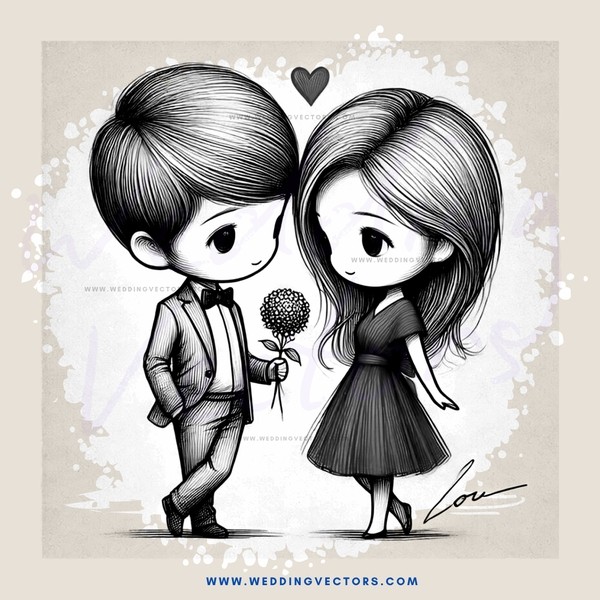 two people holding flowers with hearts above them