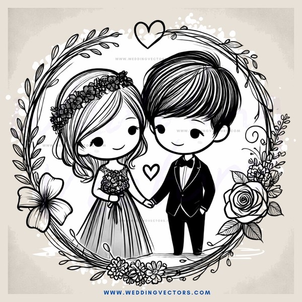 a black and white illustration of a couple