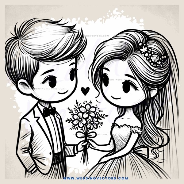 wedding cartoon character couple sharing bouquet