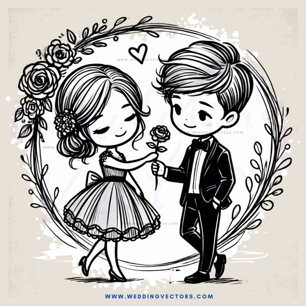 young couple exchanging flowers and rings
