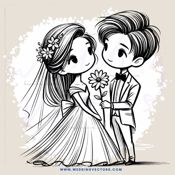 the groom and bride in wedding dresses