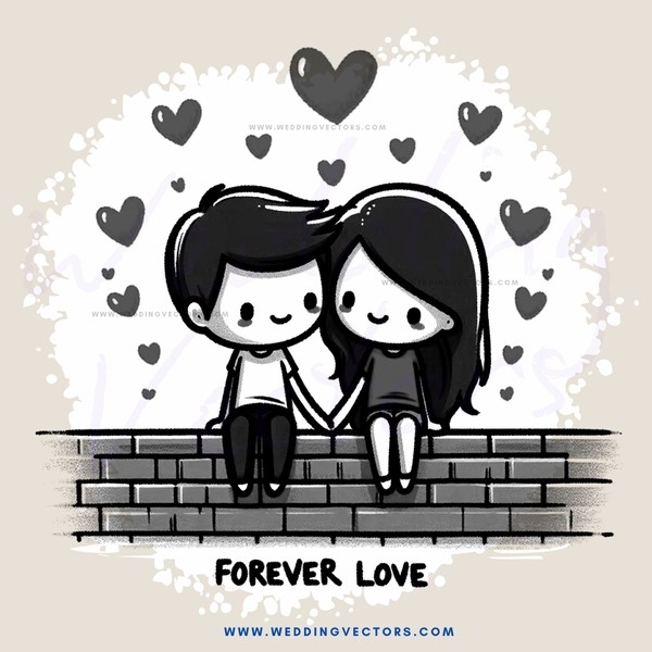 couple on brick wall with love symbols