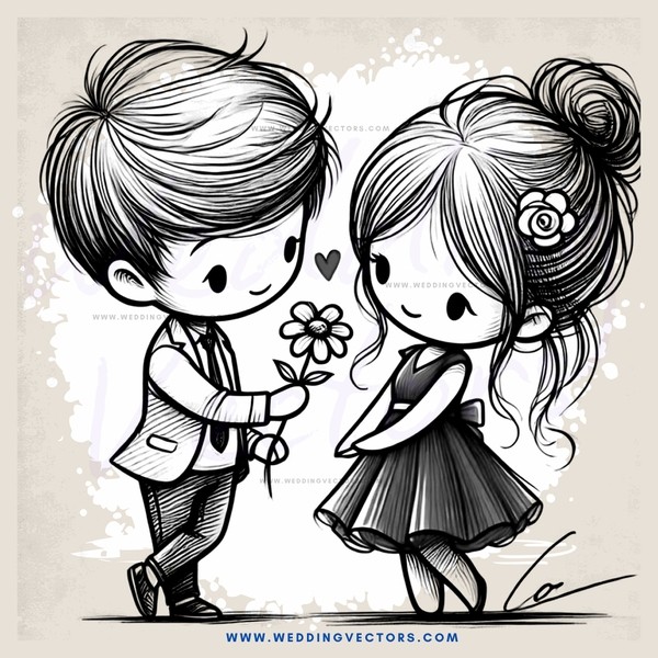 boy and girl smile at each other with flowers in their hands