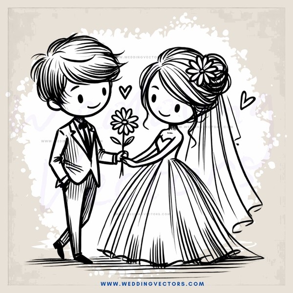couple standing holding flower and bouquet in hand