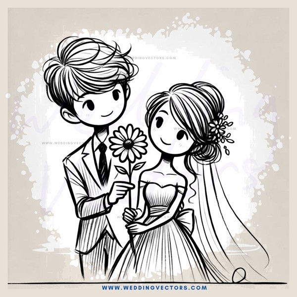 a bride and groom holding a flower