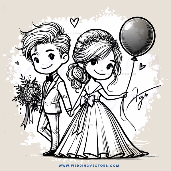 a bride and groom with balloons