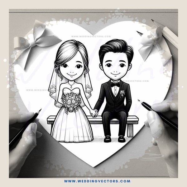 a black and white illustration of a bride and groom sitting on a bench with their hands joined