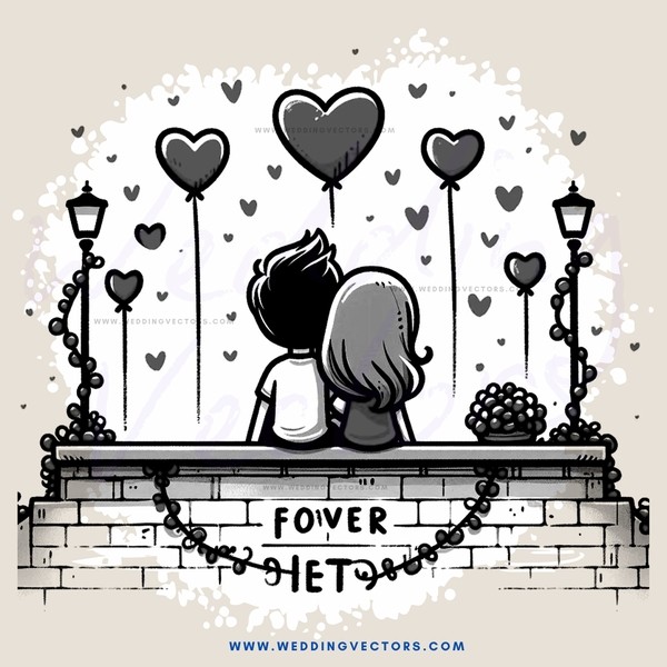 a couple sitting on a bench with hearts around them