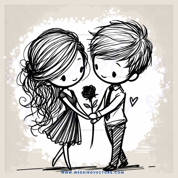 couple holding a rose and heart with black pen outline