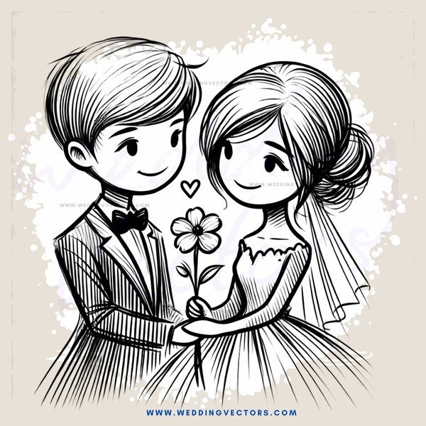 wedding couple smiling with bouquet and flower