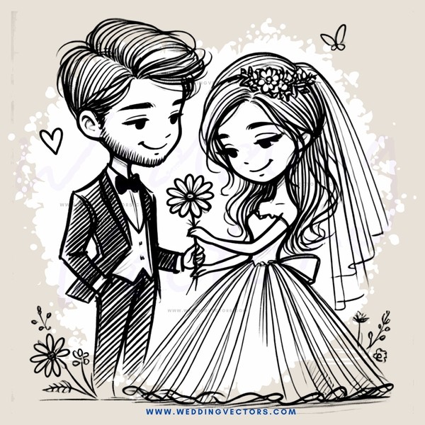 a happy couple exchanging flowers