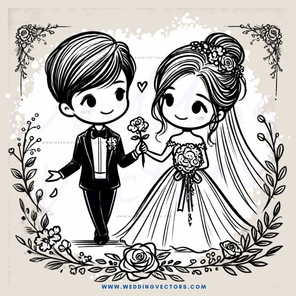 a bride and groom in black and white