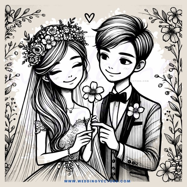 a couple holding flowers and wearing wedding attire