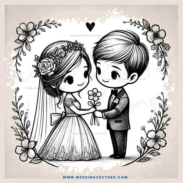 a bride and groom in illustration style