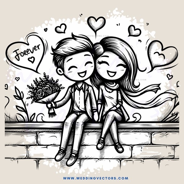 a couple sitting on a brick wall with flowers in hand