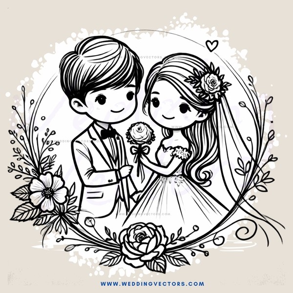 a bride & groom in an oval shape with flowers and a rose on the bottom