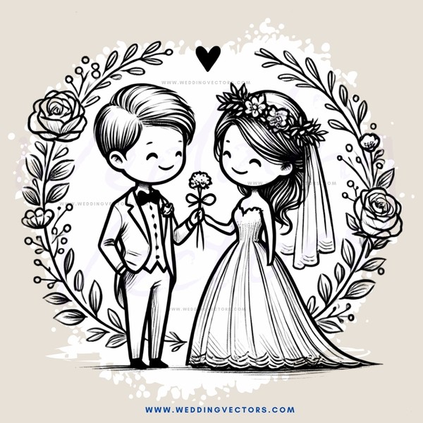 wedding couple in black and white illustration
